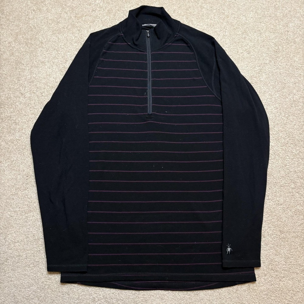 Smartwool Pullover Mens Large Black 1/4 Zip Striped Merino Wool Base Layer Casua